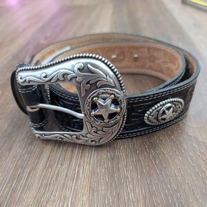 Justin 5 Star Ranch Concho Black Tooled Leather Belt Sz 34